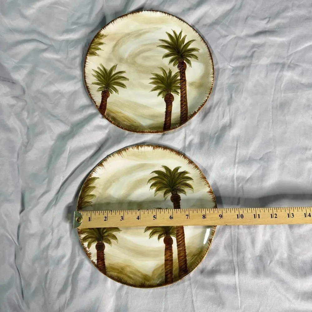 Set of 2 Z Gallerie Fiji Hand Painted Palm Tree Plates 9